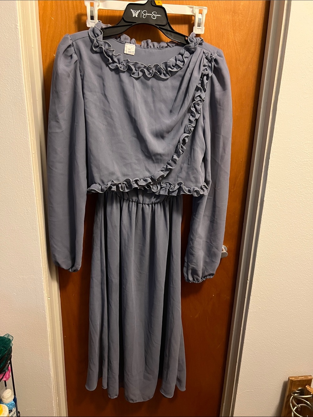 Women’s Ruffle Trim Long Sleeve Dress - Dusty Blue